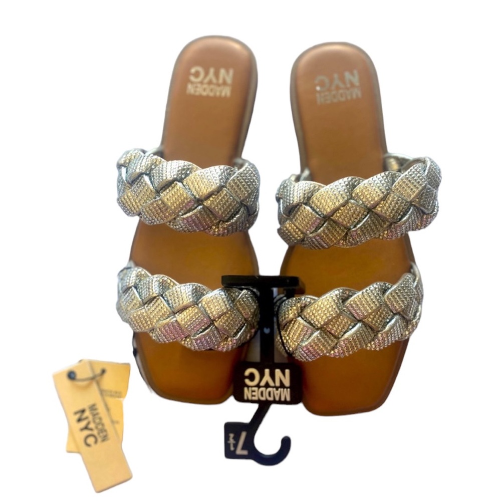 MADDEN NYC Two Band Braid Silver Rhinestone Comfort Foam Insole Sandals Size 7.5